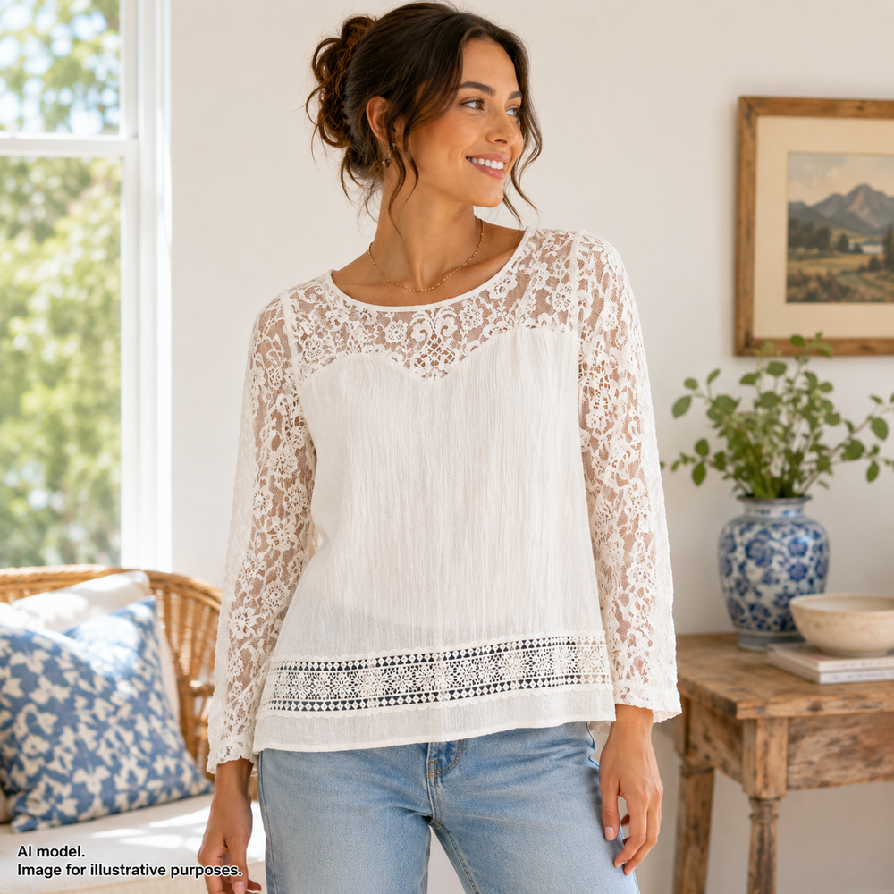 Sundance Shirt Womens Small White Lace Sheer Long Sleeve Boho Crochet Top